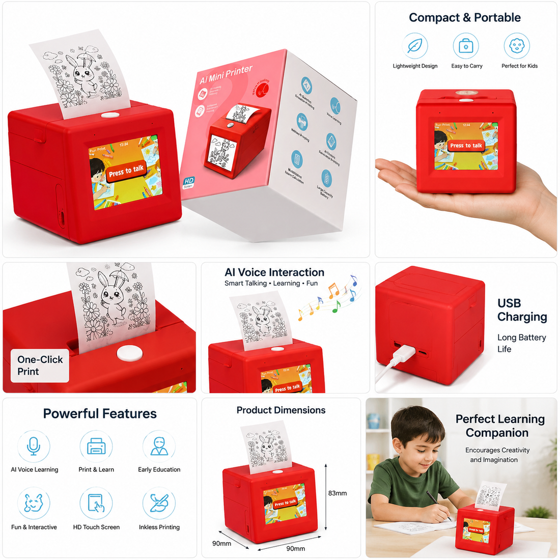 AI Mini Printer for Kids Inkless Voice-Interactive Learning Printer HD Touch Screen One-Click Print