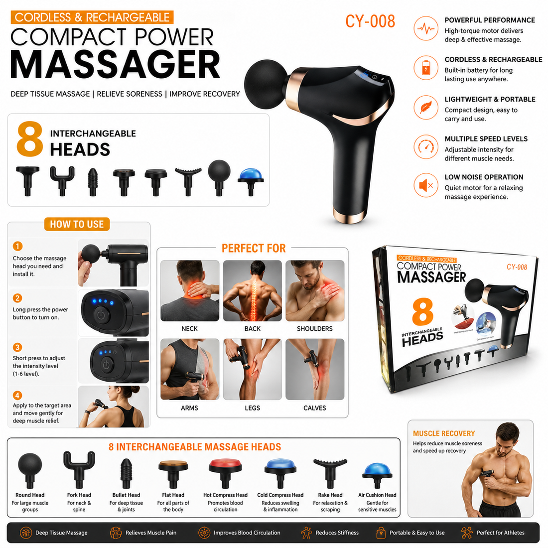 CY-008 Compact Power Massage Gun Cordless Rechargeable Deep Tissue Massager 8 Interchangeable Heads with Hot & Cold Compress