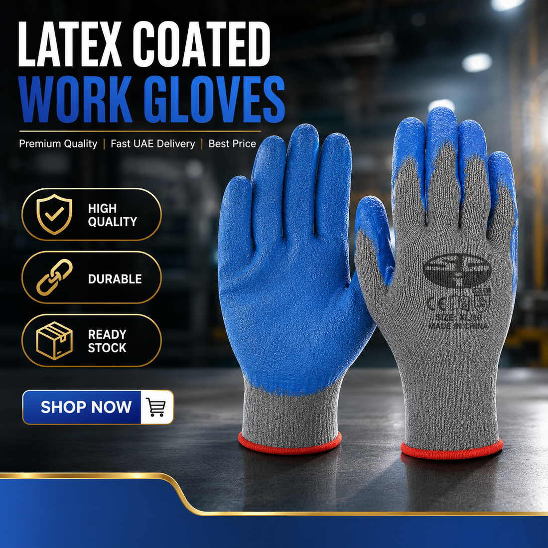 Vaultex SCI-PEV Latex Coated Work Gloves – Blue Crinkle Latex Grip, Cotton Knitted Liner, Size 10 (XL)