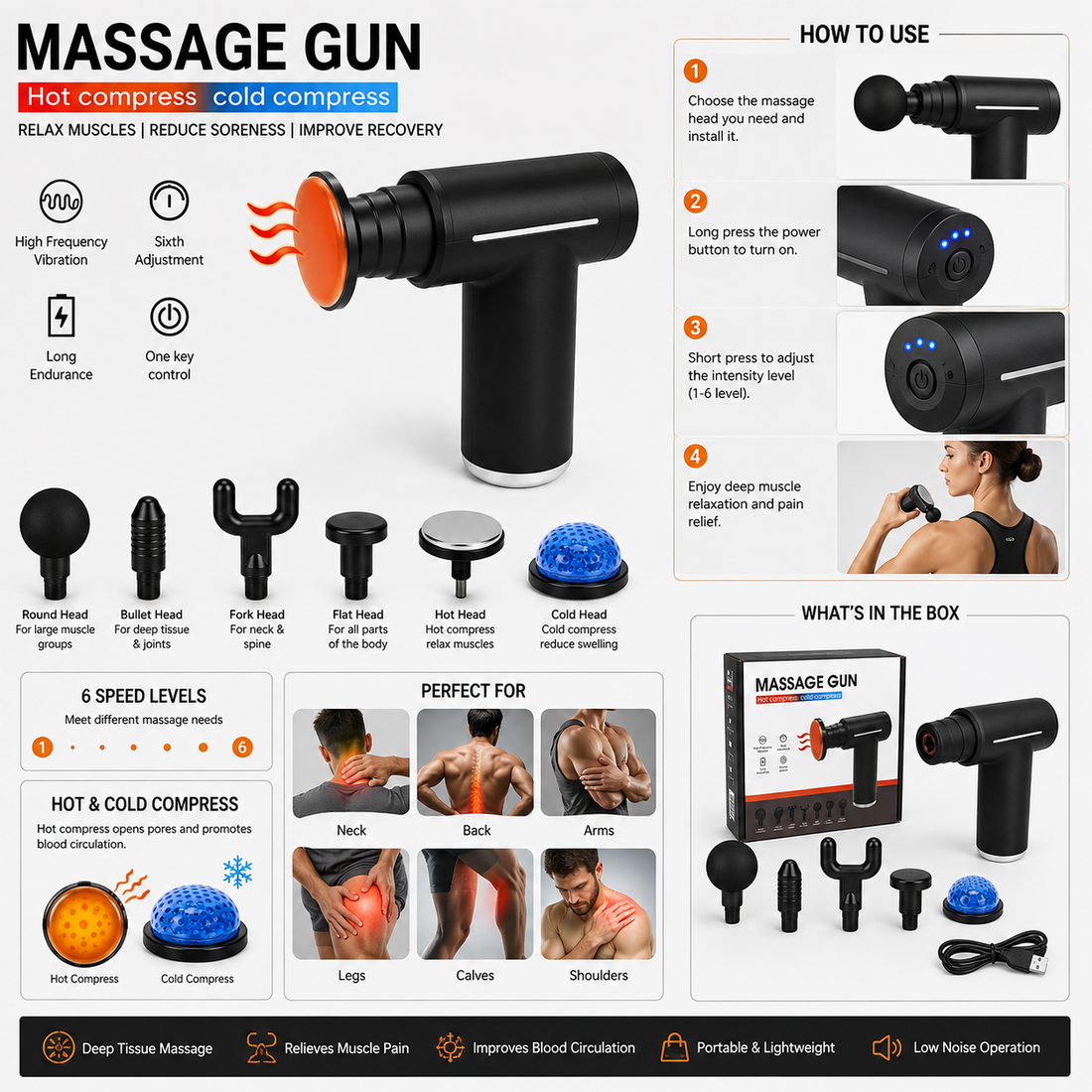 Massage Gun with Hot & Cold Compress  6-Speed Deep Tissue Percussion Massager 6 Attachment Heads