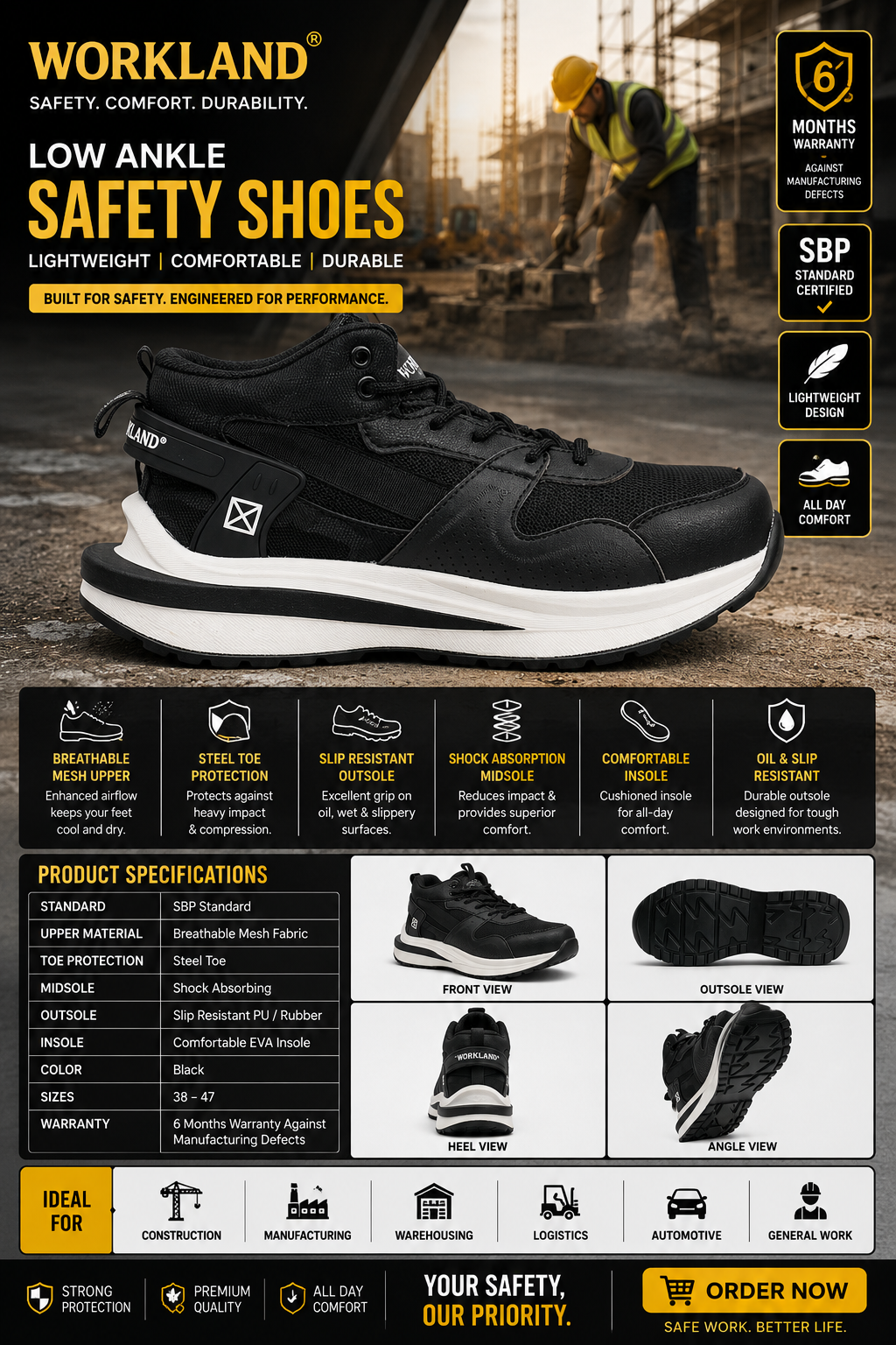 WORKLAND Mid-Ankle Safety Shoes – Black Steel Toe Protective Work Shoes