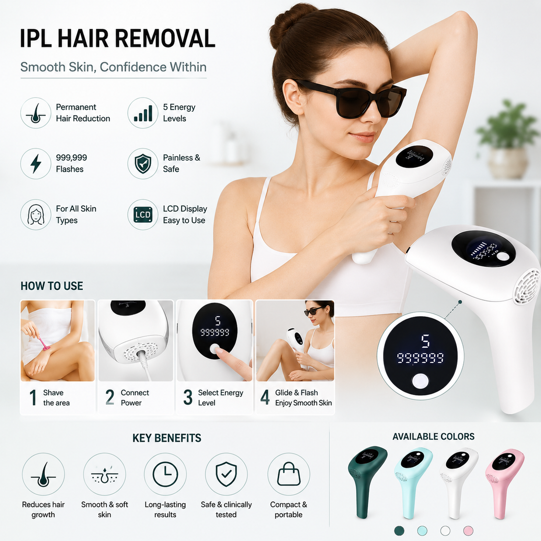IPL Permanent Hair Removal Device  At-Home Laser Hair Removal Handset  Painless IPL Device with LED Display
