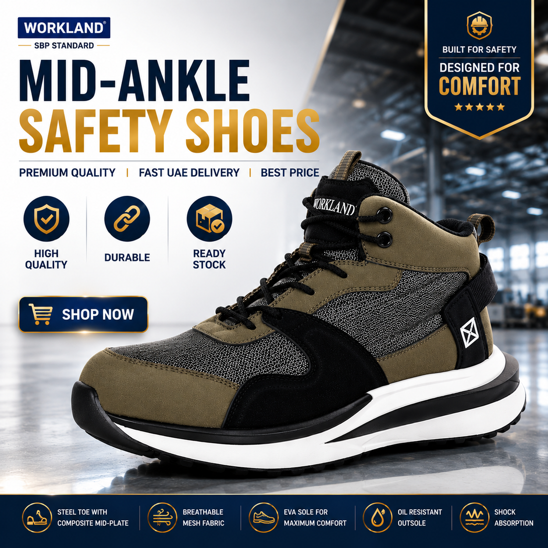 Workland HPM Mid-Ankle Safety Shoes – Steel Toe, Breathable Mesh, Olive Green Sneaker