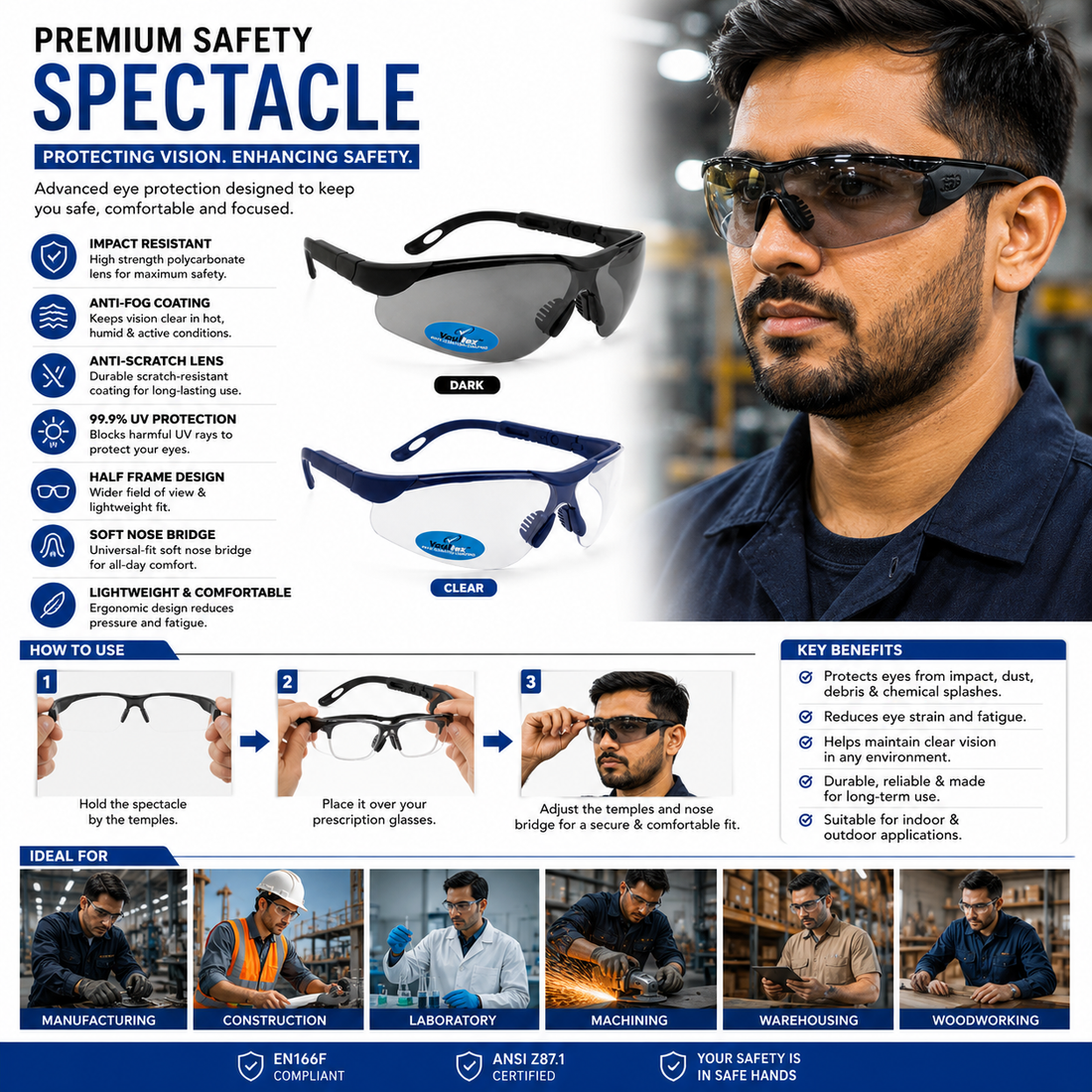 Vaultex V69 Safety Spectacle Half Frame Anti-Scratch Glasses with UV Protection, EN166F/ANSI Z87.1 Certified