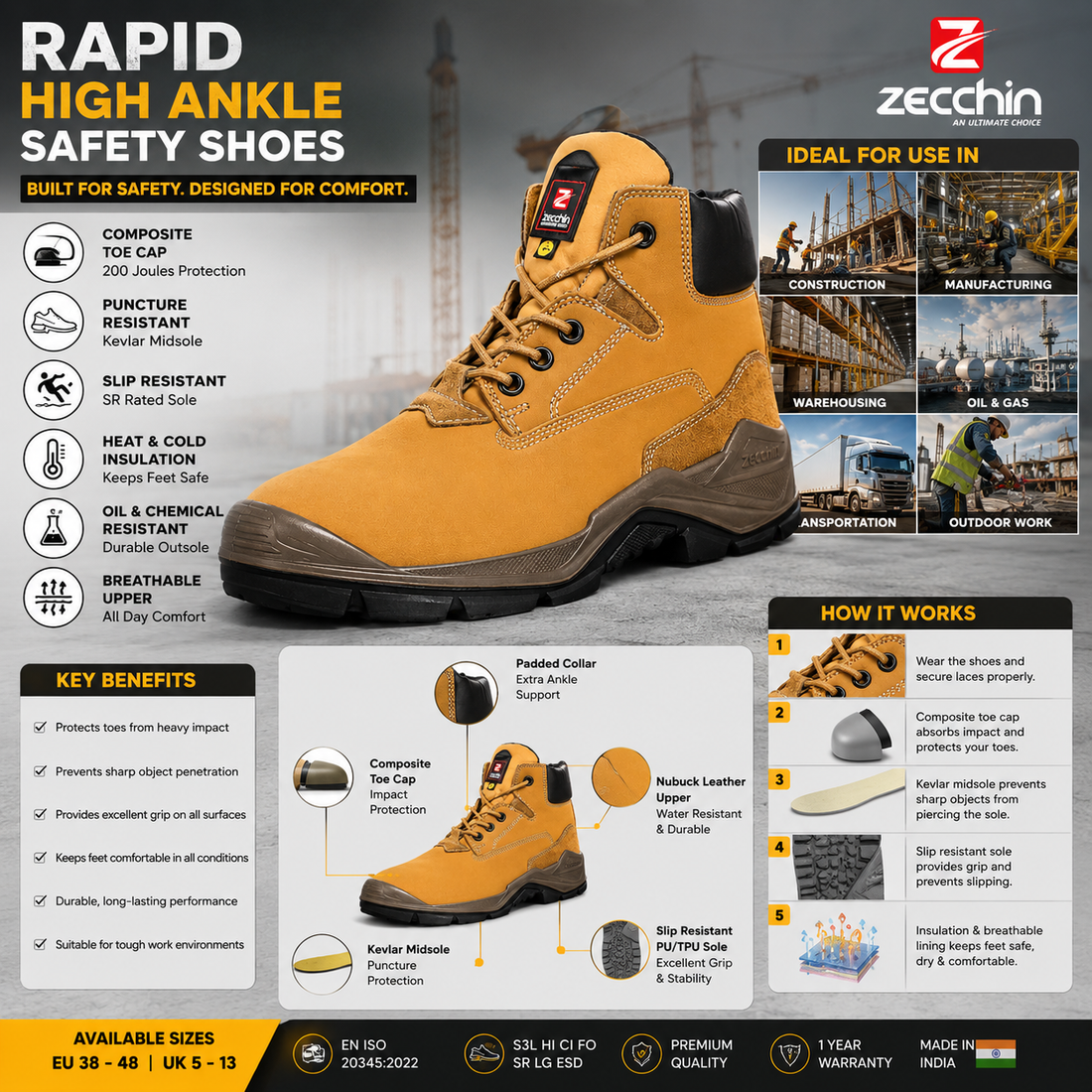 Zecchin High Ankle Safety Shoes S3L  Composite Toe Cap, Nubuck Leather, EN ISO 20345:2022, Non-Metallic,