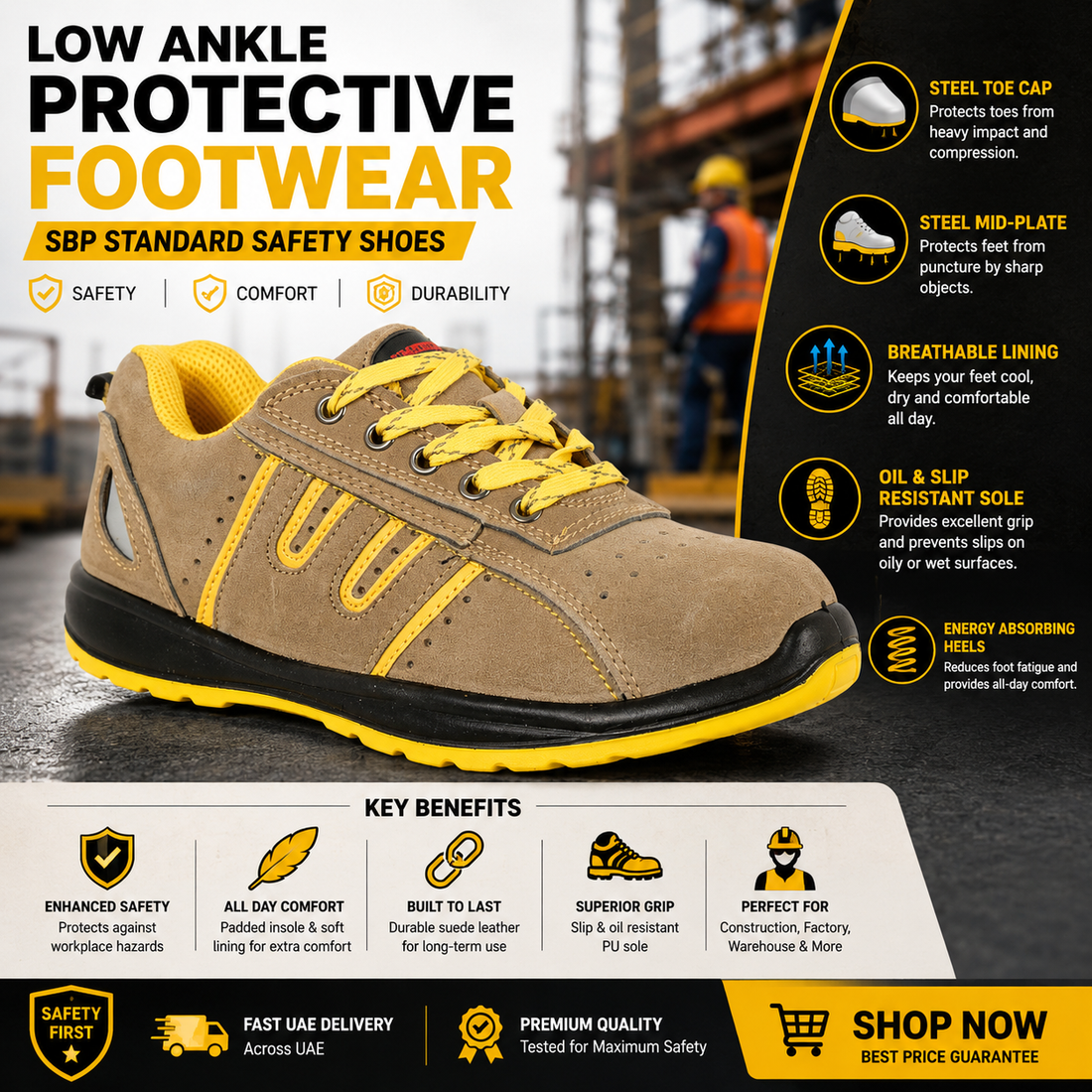 Armstrong RBM Steel Toe Safety Shoes | Beige Suede Oil-Resistant Work Shoes