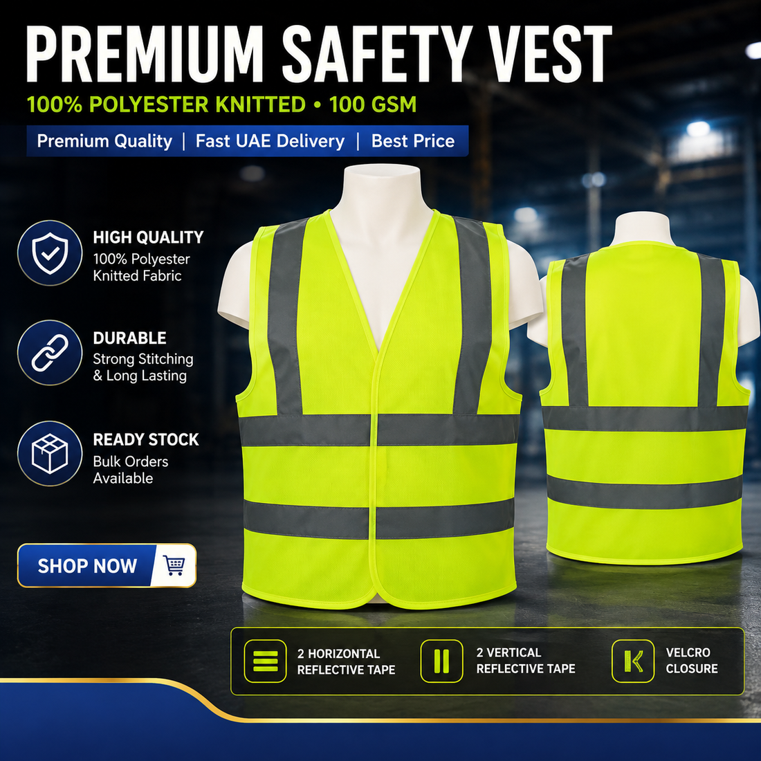 Vaultex 1X1 Premium Safety Vest 100 GSM – High Visibility Reflective Work Vest | Yellow