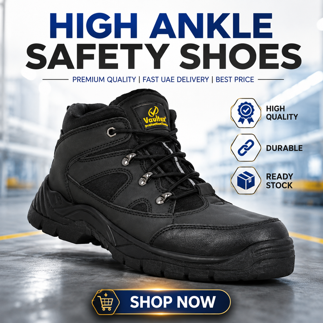 Vaultex MSB High Ankle Steel Toe Safety Shoes  Action Leather Work Boots, Oil Resistant PU Sole, Black