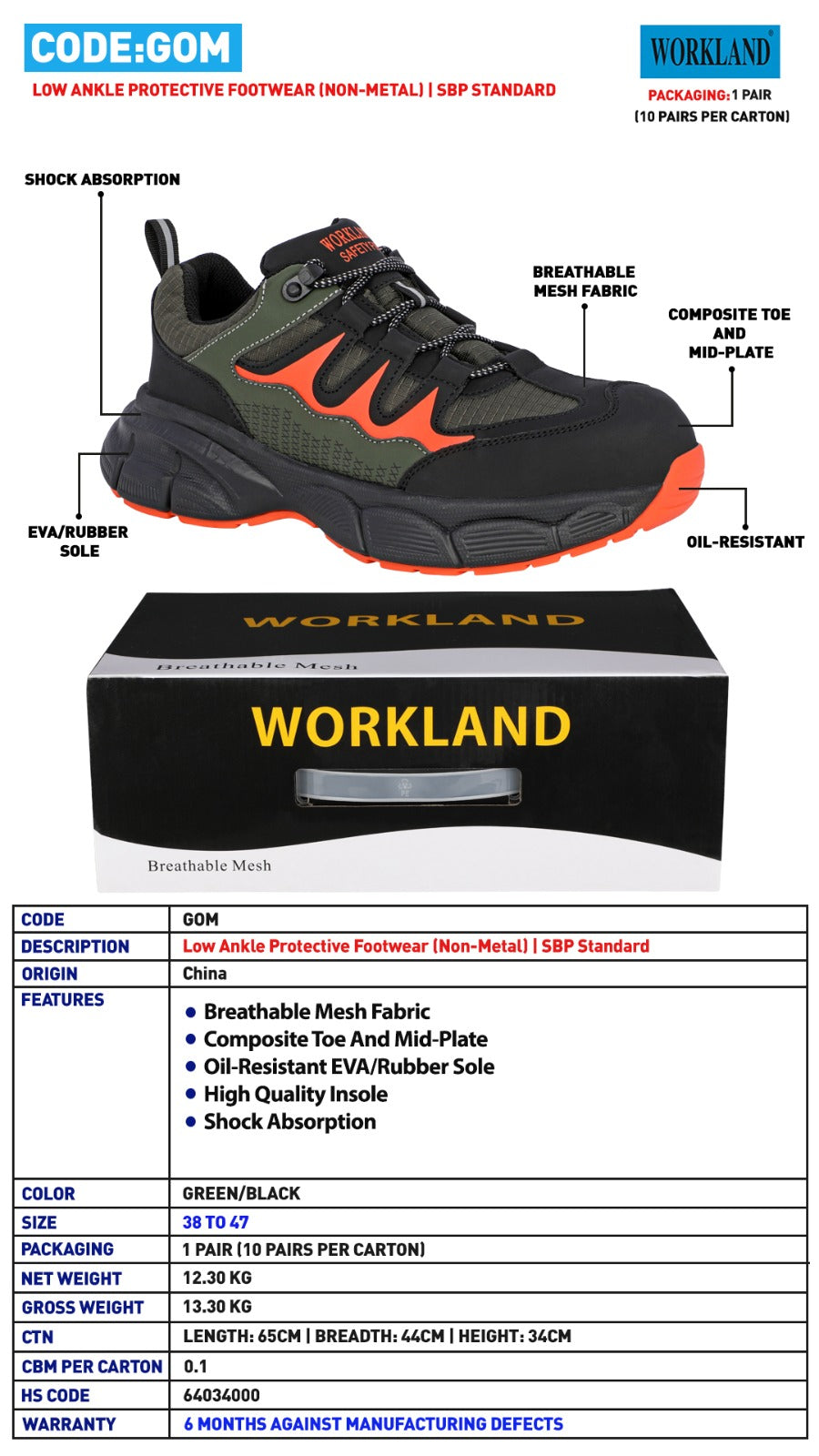 WORKLAND GOM Low Ankle Safety Shoes – Non-Metal Composite Toe & Mid-Plate  Oil-Resistant Work Shoes