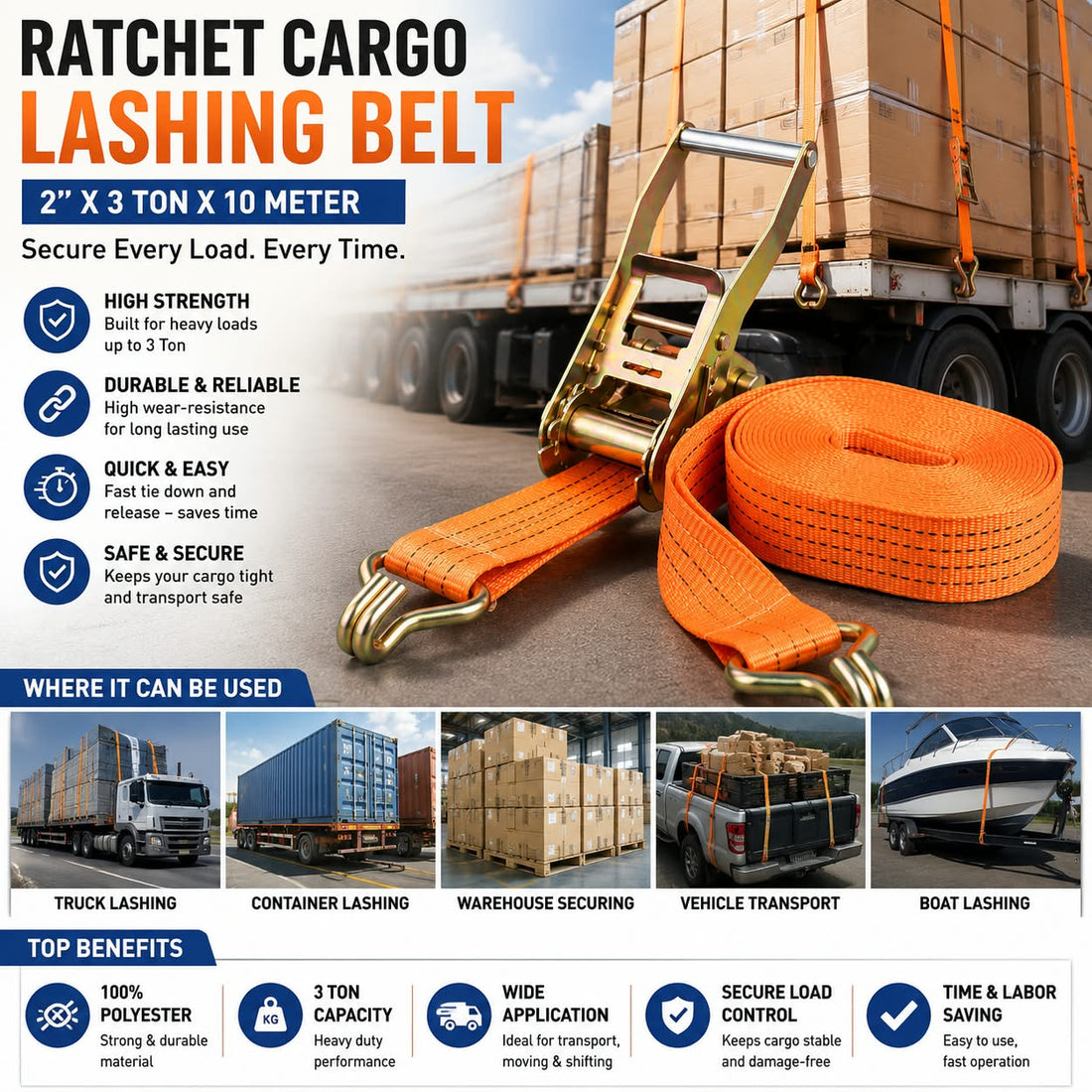 2 Inch 3 Ton Ratchet Cargo Lashing Belt 10 Meter | Heavy Duty Tie Down Strap for Truck, Container & Cargo Securing