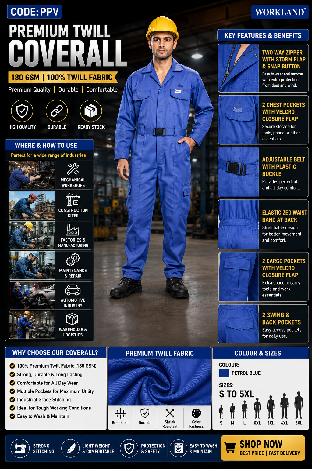 100% Twill Coverall - 180 GSM